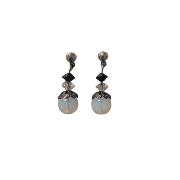 Moonstone Earrings Blue Rainbow Glass Bead Dangle Dainty Art Deco Victorian - Picture 2 of 6